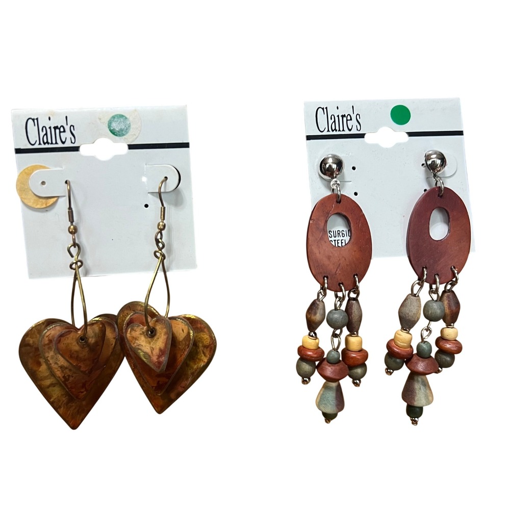 Vintage Lot 2 Pair NEW Claire's Dangle Earrings Boho Rustic Hearts Y2K 90's